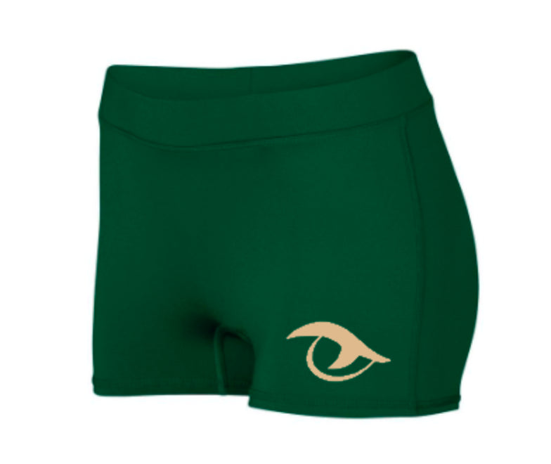 River Bluff Gator Eye Spandex Shorts in forest green with matte gold Gator Eye logo