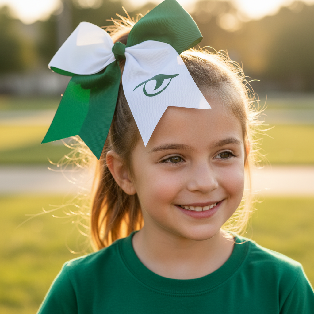 Young girl wearing forest green and white River Bluff Gator Eye cheer bow naturally in ponytail, outdoor lifestyle photo