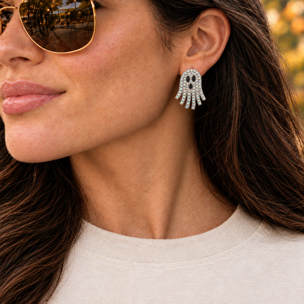 AB ghost earring in its original proportions on a model wearing a blank cream shirt