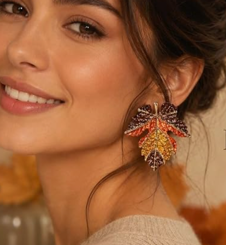 Close-up of a multicolor maple leaf earring with brown, orange, and gold-tone details
