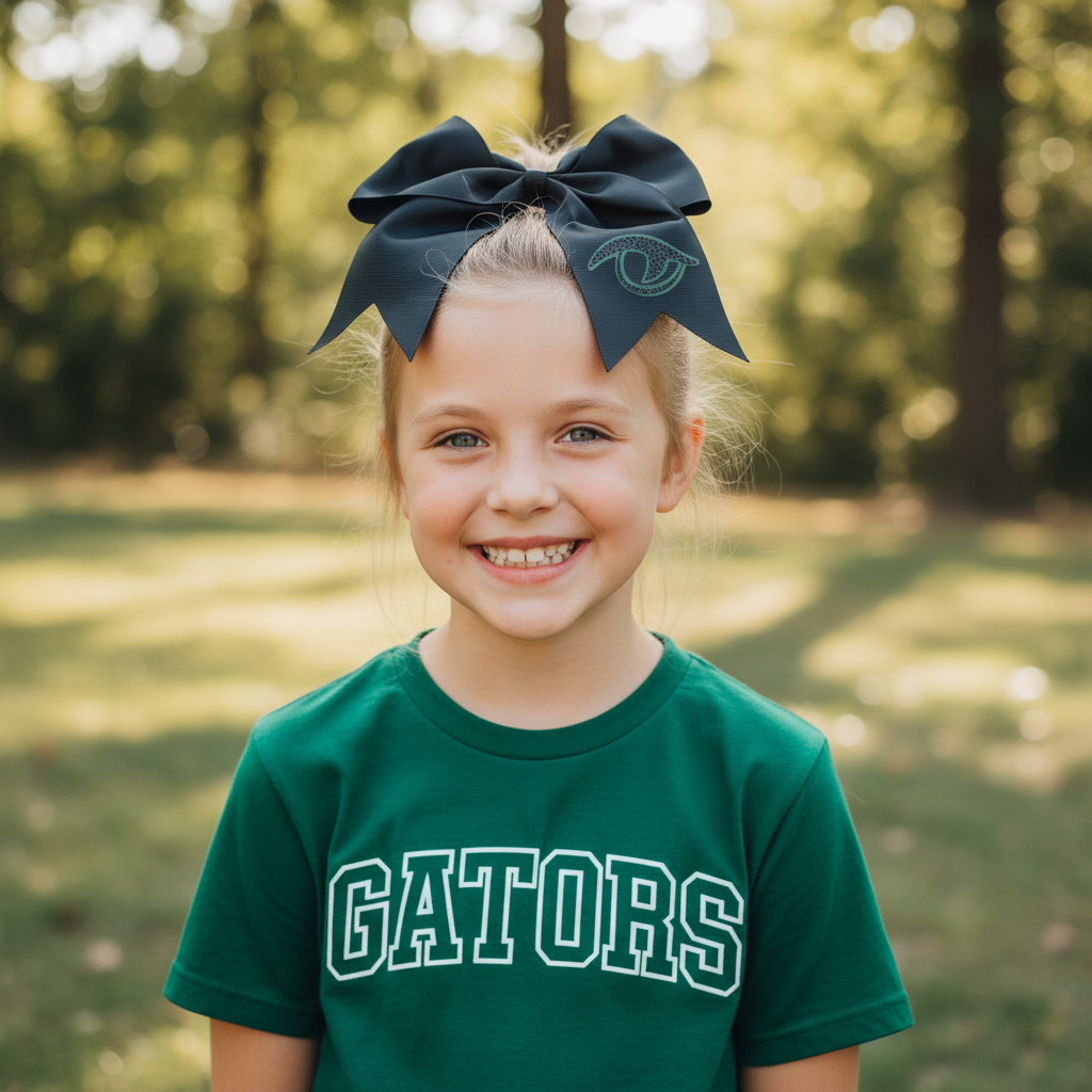Young girl wearing black grosgrain River Bluff Gator Eye cheer bow in ponytail with green Gators tee, outdoor lifestyle photo.
