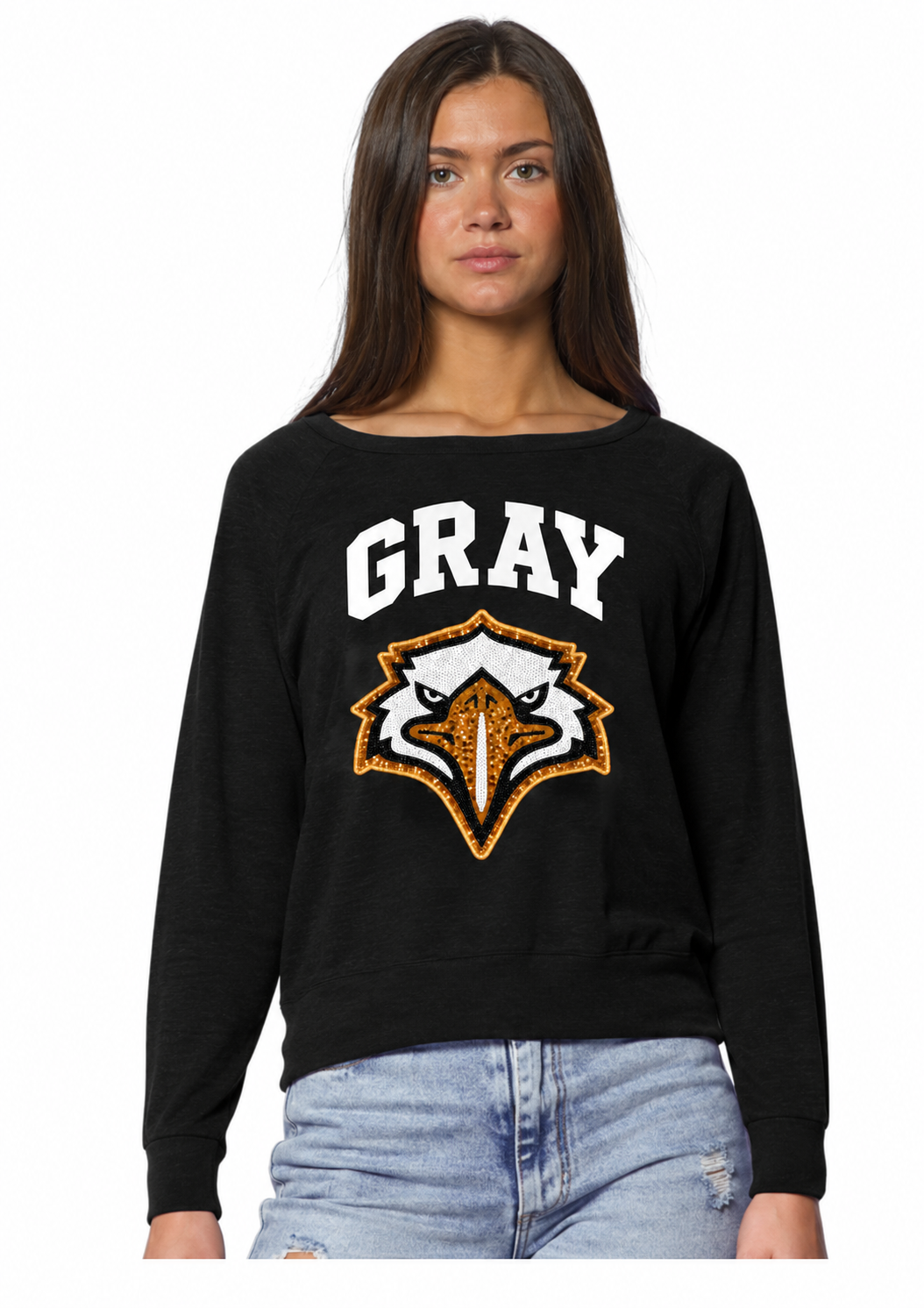 Woman wearing black Gray Eagle Energy Sequin Ladies Pullover with white GRAY lettering and black, white and gold sequin eagle head