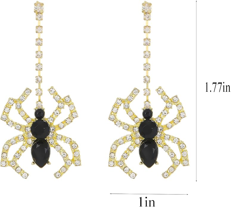Black Widow rhinestone spider earrings shown with approximate dimensions of 1.77 inches tall by 1 inch wide