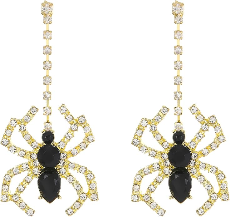 Pair of black and clear rhinestone spider statement earrings with gold-tone accents