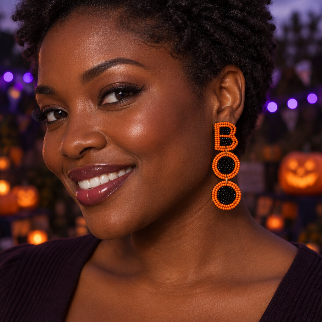 Adult woman wearing long orange-and-black stacked BOO beaded dangle earrings at a Halloween party.