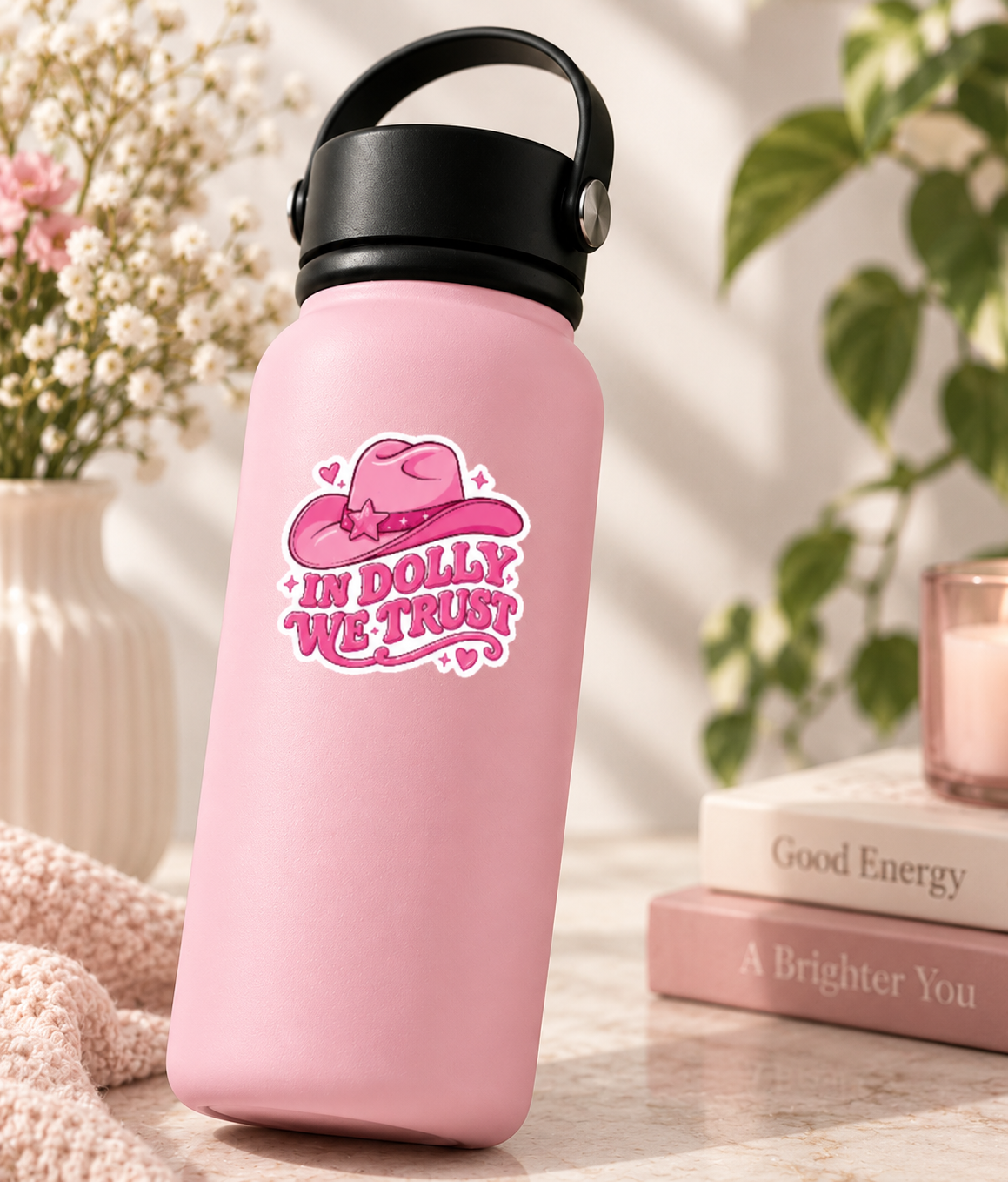 A pink insulated water bottle with a black lid and handle, featuring a pink cowboy hat graphic and the text 'IN DOLLY WE TRUST' on the front. The bottle is styled on a tabletop with books, a candle, and flowers in the background.