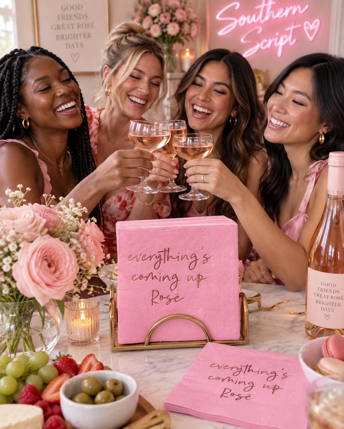 Four women laughing and clinking rosé wine glasses around a table decorated with pink flowers, a pink gift box reading 'everything's coming up Rose,' and pink napkins with matching script text.