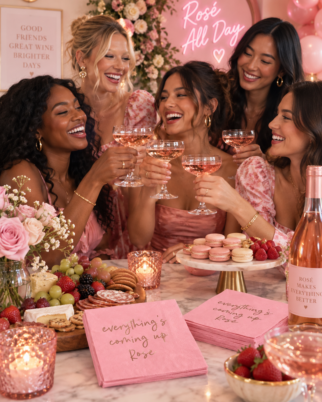 Five women laughing and clinking rosé wine glasses at a pink-themed party table with macarons, strawberries, candles, and pink napkins reading 'everything's coming up Rose'.