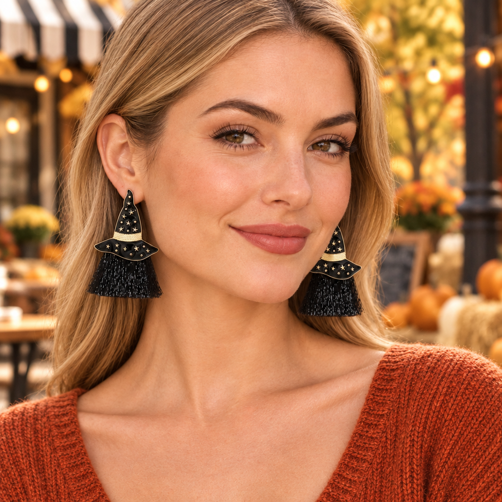 Light-haired model wearing Witch, Please! tassel earrings