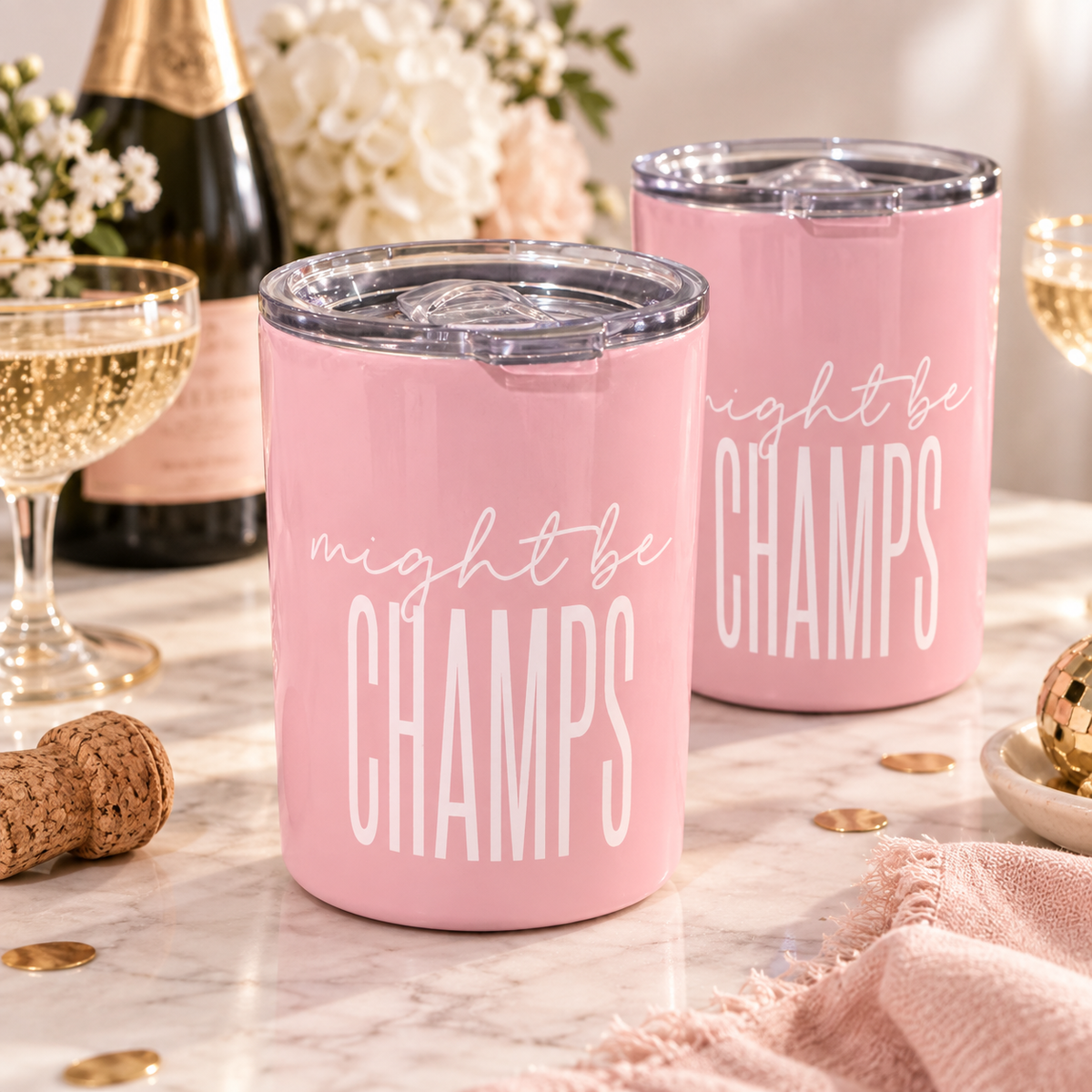 Two pink insulated tumblers with clear lids on a marble table, decorated with champagne glasses, a bottle, flowers, and gold confetti. The front tumbler reads 'might be CHAMPS' in white script and block lettering.