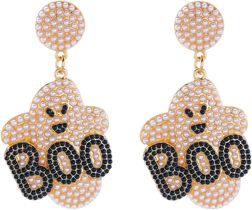 Pair of pale pink pearl-look ghost earrings with black BOO lettering and gold-tone details on a white background.