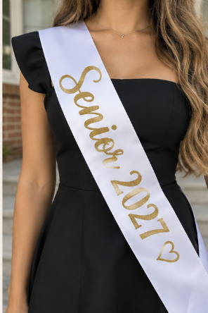 A woman wearing a black dress and a white satin sash with gold foil lettering that reads 'Senior 2027' and a small heart at the end.