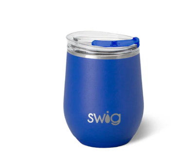 A blue insulated stemless wine tumbler with a clear lid and a blue flip-top spout, featuring the 'swig' logo in silver on the front, set against a plain white background.