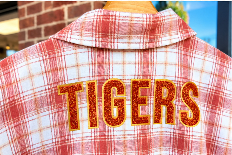 Tigers Cozy Plaid Gameday Flannel by Southern Script, orange-and-cream plaid with sparkling orange TIGERS back lettering and contrasting outline.