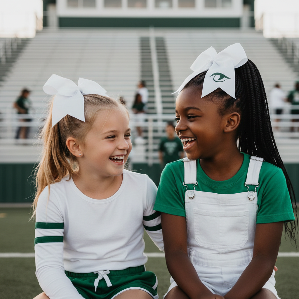 Two young girls wearing white River Bluff Gator Eye cheer bows, casual clothes