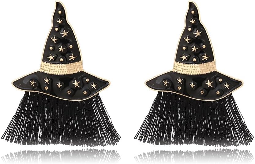 Pair of black witch hat tassel earrings with gold-tone stars and black fringe.